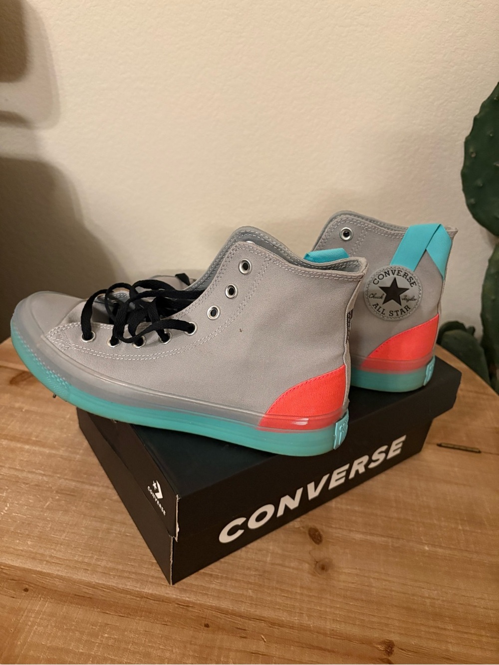 Converse Women's High Top Sneakers - Gray with Aqua and Coral Accents - Picture 4 of 6